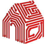 Desenho de uma casa com linhas em vermelho formando uma digital