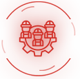 Ícone vermelho com um círculo e no centro 3 desenhos de perfil com capacete de obra, e uma engrenagem no fundo
